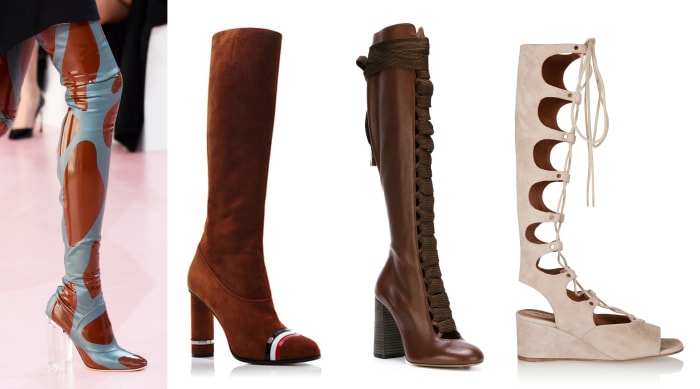 Photos: Imaxtree; Loewe column ring boot, $1,550, available at Moda Operandi; Chloe lace up boots, $1,320.81, availabe at Farfetch; Chloe lace up sandals, $1,450, available at Net-a-Porter.