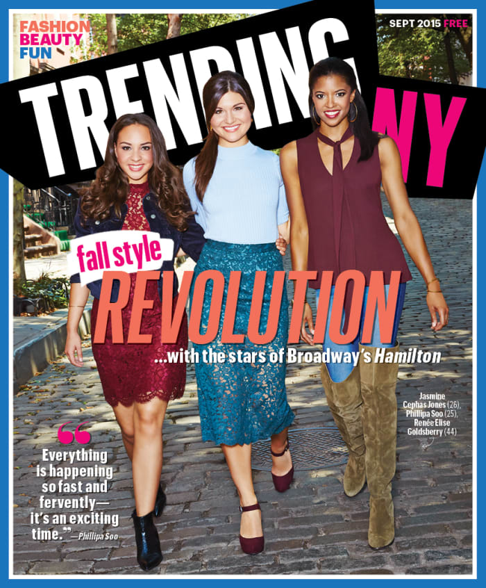 "Hamilton" stars Jasmine Cephas Jones, Phillipa Soo and Renee Elise Goldsberry on the cover of TrendingNY's September issue, out Tuesday. Photo: TrendingNY