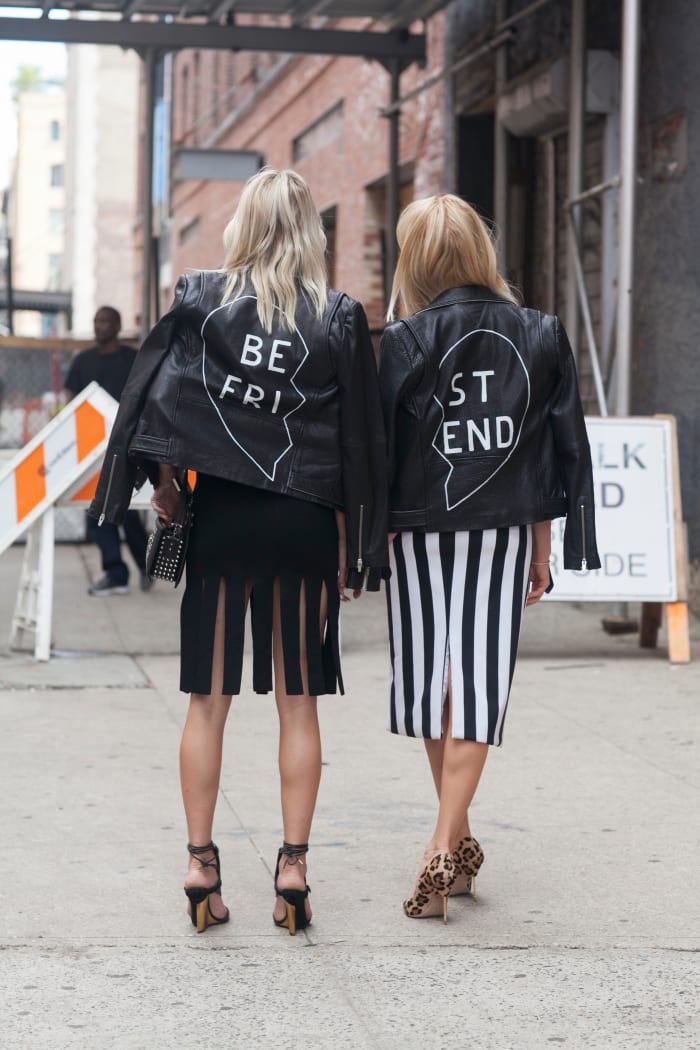 Caroline Vreeland and Shea Marie in Cushnie et Ochs dresses and Veda jackets. Photo: Emily Malan/Fashionista
