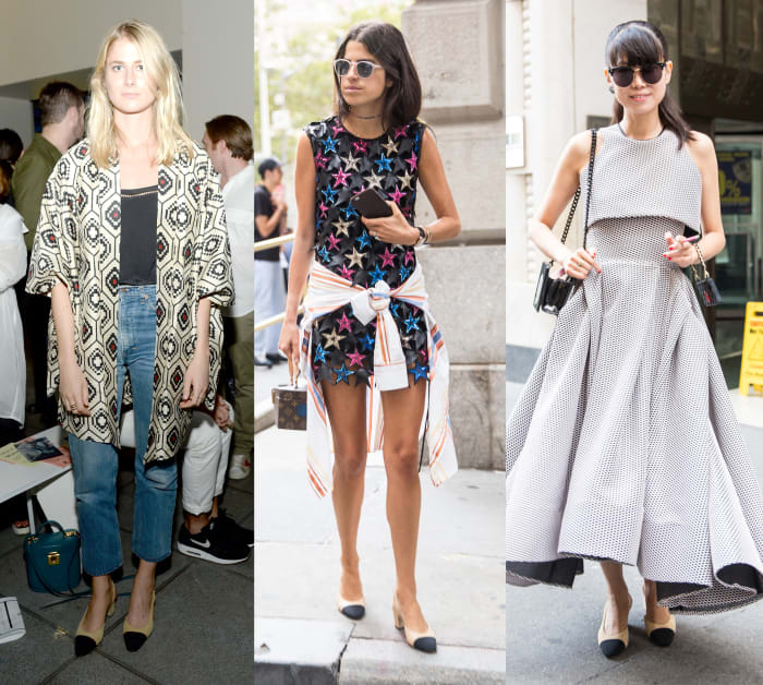 WSJ. Magazine's Laura Stoloff, The Man Repeller's Leandra Medine and a show-goer on Sunday. Photos: Ben Gabbe/Getty Images (left) and KDV/Fashionista (center and right)