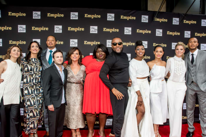 Executive producer Ilene Chaiken, executive producer Francie Calfo, actor Terrence Howard, executive producer Danny Strong, executive producer Sanaa Hamri, actress Gabourey Sidibe, executive producer Lee Daniels, actress Ta'Rhonda Jones, actress Grace Gealey, actress Kaitlin Doubleday and actor Trai Byers attend the Saks Fifth Avenue Empire Fashion Week event on Sept. 12 in New York City. Photo: Steven Henry/Getty Images