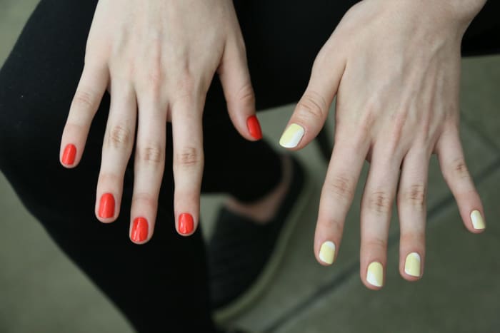 Potential looks at the Prabal Gurung nail test. The look on the right, featuring Sally Hansen Complete Salon Manicure in Mum's the Word and Let's Snow won. Photo: Nina Frazier Hansen/Fashionista