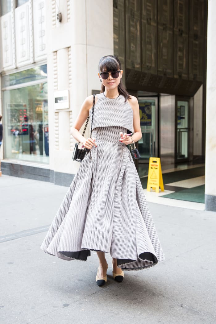 Stylist and fashion consultant Leaf Greener in Toni Maticevski dress and Yazbukey bag and Chanel slingbacks. Photo: KDV/Fashionista
