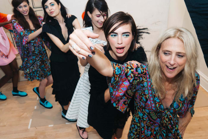 Designer Nanette Lepore dancing with models at her spring 2016 presentation party. Photo: Nanette Lepore
