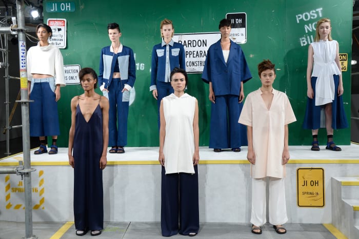 Models pose at the Ji Oh spring 2016 presentation during New York Fashion Week. Photo: Fernanda Calfat/Getty Images