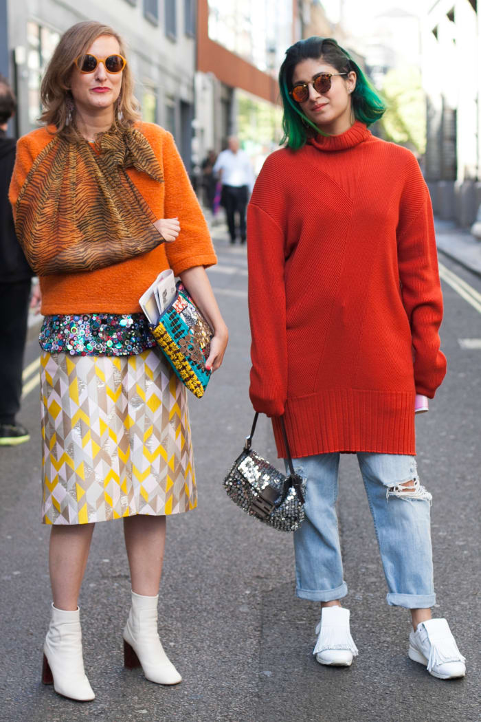 The Globe's Odessa Paloma in a Jennifer Torosian top and skirt and Topshop boots with Preetma Singh in a Tome sweater, Abercrombie jeans, Pierre Hardy shoes, Fendi bag and Krewe du Optic sunglasses. Photo: Emily Malan/Fashionista