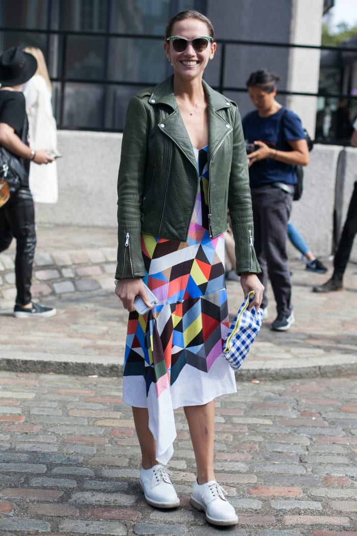 Stylist and writer Laurel Pantin in Prada sunglasses, Rebecca Minkoff jacket, Preen by Thornton Bregazzi dress and Purified shoes. Photo: Emily Malan/Fashionista