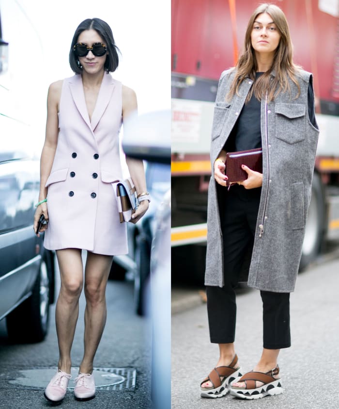 Layer tip #3, sleeveless vests. Left: Instagram's Eva Chen in Marissa Webb vest, Banana Republic shoes, Valentino bag and Karen Walker sunglasses. Photos: Imaxtree