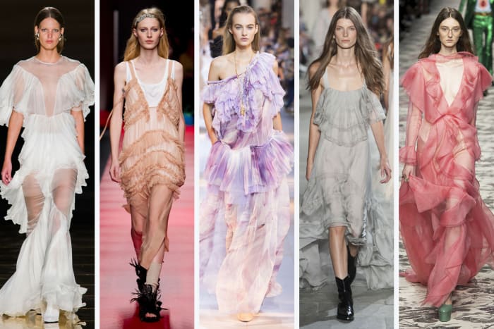 From left to right: Francesco Scognamiglio, No. 21, Roberto Cavalli, Philosophy di Lorenzo Serafini, and Gucci
