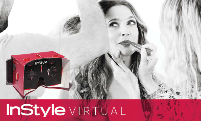 November cover star Drew Barrymore and the branded virtual reality viewers the magazine will be giving away for free. Photo: InStyle