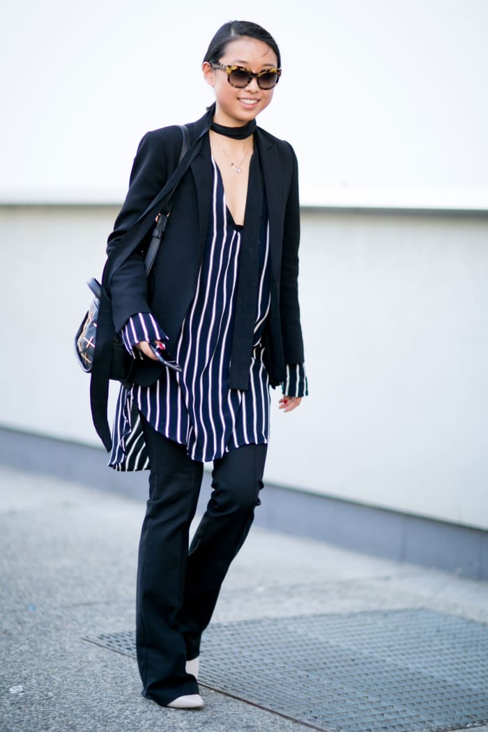 Blogger Margaret Zhang at New York Fashion Week in a Daniel Avakian neck scarf and The Only Son blazer. Photo: Imaxtree