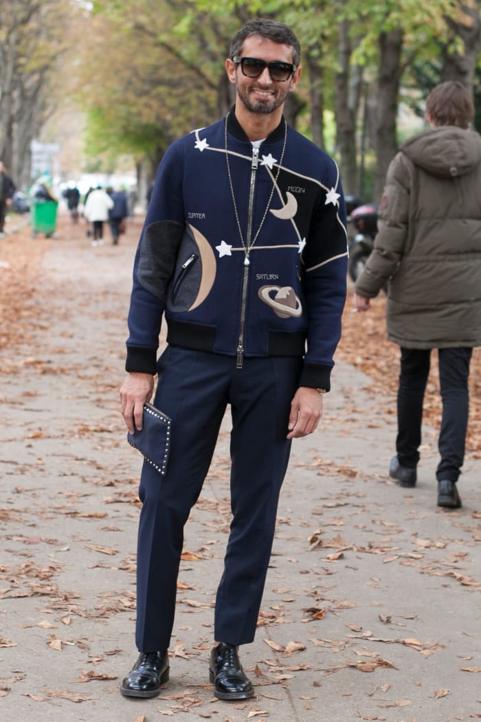 La Repubblica Fashion Editor Simone Marchetti at Paris Fashion Week in Valentino. Photo: Emily Malan/Fashionista
