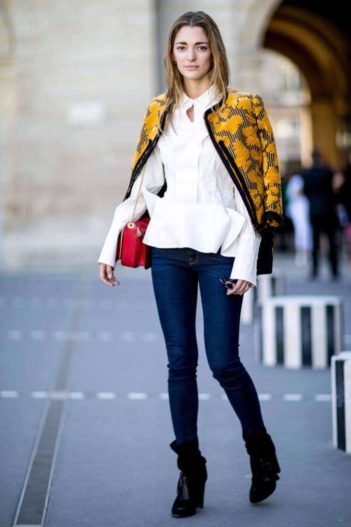 Art Director Sofia Sanchez de Betak in Lanvin jacket and bag, Undercover shirt and Frame jeans. Photo: Imaxtree