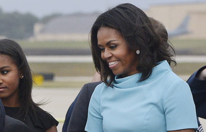 Michelle Obama wore Kimberly McDonald earrings to greet Pope Francis in Washington, DC last month. Photo:Olivier Douliery-Pool/Getty Images