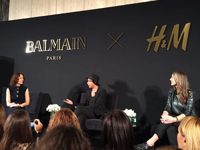 Nicole Phelps, Olivier Rousteing and Ann-Sofie Johansson at the Balmain x H&M press conference on Tuesday in New York. Photo: Chantal Fernandez/Fashionista