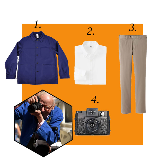 1. Le Labourer French work jacket, $150, available at Hickoree's; 2. Men's oxford shirt, $39.90, available at Uniqlo; 3. Uniqlo slim fit chino flat front pants, $29.90, available at Uniqlo; 4. Holga 120n medium format film camera, $34.99, available at B&H Photo. Photo: Mike Coppola/Getty Images