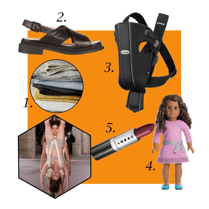 1. West Elm Belgian Linen Sheet Set, $44-$259, available at West Elm; 2. Robert Clergerie Caliente Leather Sandals, $550, available at Net-a-Porter; 3. Babybjörn Baby Carrier Original, $55.99, available at Target; 4. American Girl Truly Me Doll, $115, available at American Girl; 5. Lorac Breakthrough Performance Lipstick, $10, available at Lorac Cosmetics. Photo: A look from Rick Owens's spring 2016 collection/Imaxtree