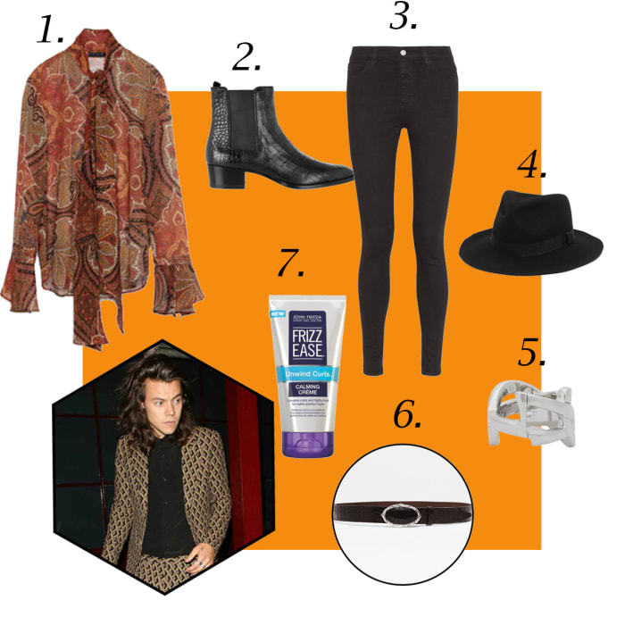 1. Zara Printed Blouse, $69.90, available at Zara; 2. Saint Laurent Wyatt Croc-Effect Leather Ankle Boots, $1,095, available at Net-a-Porter; 3. Alexa Chung for AG Jeans Hynes High-Rise Skinny Jeans, $200, available at Net-a-Porter; 4. Madewell & Biltmore Straight-Brim Felt Fedora, $65.50, available at Madewell; 5. Saint Laurent Cassandre Monogram Ring, $295, available at Barneys; 6. Zara Mock-Croc Leather Belt With Buckle, $39.90, available at Zara; 7. John Frieda Frizz Ease Unwind Curl Calming Crème, $5.39, available at Target. Photo: Gucci