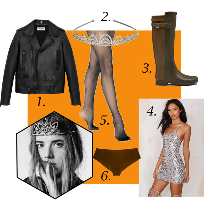 1. Saint Laurent Classic Motorcycle Jacket, $4,990, available at Saint Laurent; 2. Crystal Arches Tiara, $28, available at Target; 3. Hunter Original Refined Back Strap Rain Boots, $195, available at Hunter; 4. WYLDR Pixie Sequin Dress, $78, available at Nasty Gal; 5. La Perla Up Date Stretch-Jersey Briefs, $58, available at Net-a-Porter; 6. Discount Dance Supply Adult Fishnet Tights, $6.75, available at Discount Dance Supply. Photo: Agyness Deyn for Saint Laurent/Hedi Slimane