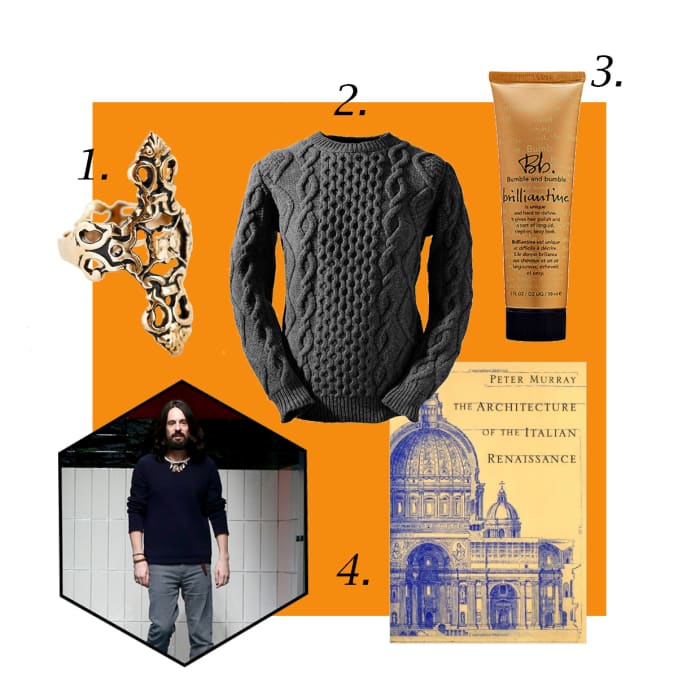1. Souvenir Jewelry Obelisk ring, $40, available at Urban Outfitters; 2. Aran Cabled Sweater Fisherman sweater, $195.95, available at Aran Cabled Sweater; 3. Bumble and bumble brilliantine, $24, available at Sephora; 4. "Architecture of the Italian Renaissance," $8.95, available at Amazon. Photo: Vittorio Zunino Celotto/Getty Images