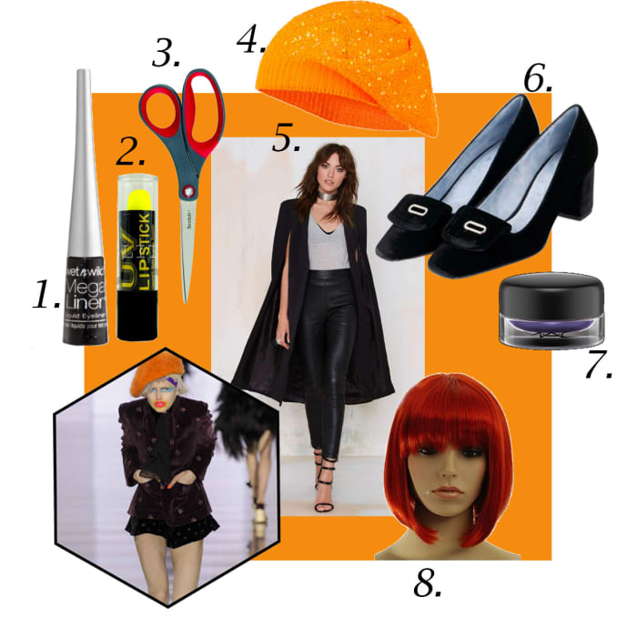 1. Wet n Wild megaliner liquid eyeliner in plum, $2.99, available at Wet n Wild; 2. Stargazer UV neon yellow lipstick, $4.95, available at fruugo; 3. Scissors, $7.26, available at Amazon; 4. Sequin orange beret, $10.99, available at e4Hats; 5. Lavish Alice On the Fly cape jacket, $98, available at Nasty Gal; 6. Velvet Low Court Heels by Unique, $240, available at Topshop; 7. MAC purple paint pot in Imaginary, $35, available at MAC; 8. Red short straight hair wig, $8.90, available at Amazon. Photo: A look from Margiela's fall 2015 collection/Imaxtree