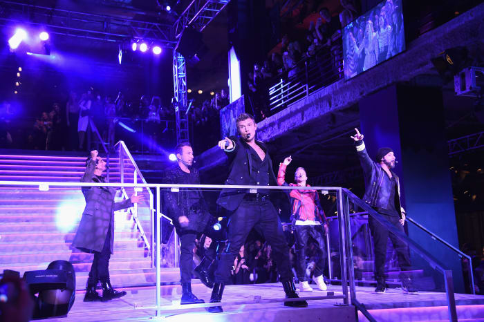 The Backstreet Boys make a surprise appearance at the Balmain x H&M runway event. Dimitrios Kambouris/Getty Images for H&M