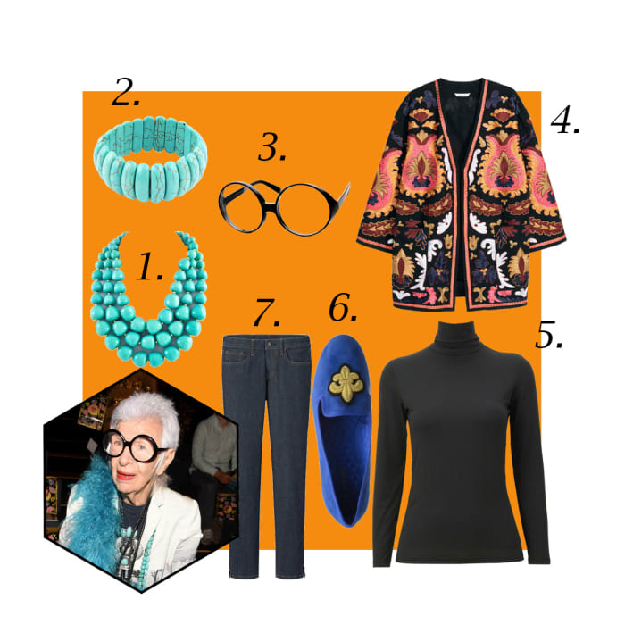 1. Chunky turquoise statement necklace, $25, available at Ebay; 2. Turquoise elastic bangles, $4.77, available at Ebay; 3. ZeroUV super large oversized glasses, $9.99, available at Rakuten; 4. H&M embroidered kimono, $129, available at H&M; 5. Uniqlo heattech turtleneck, $19.90, available at Uniqlo; 6. Nine West leyna loafer, $26.70, available at Amazon; 7. Uniqlo ankle-length jeans, $49.90, available at Uniqlo. Photo: Vivien Killilea/Getty Images