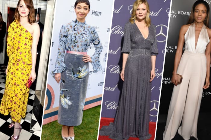 Emma Stone in Gucci. Photo: @petraflannery/Instagram; Ruth Negga in Erdem. Photo: Vivien Killilea/Getty Images; Kirsten Dunst in Ralph & Russo. Photo: Frazer Harrison/Getty Images; Naomie Harris in Brandon Maxwell. Photo: Jamie McCarthy/Getty Images