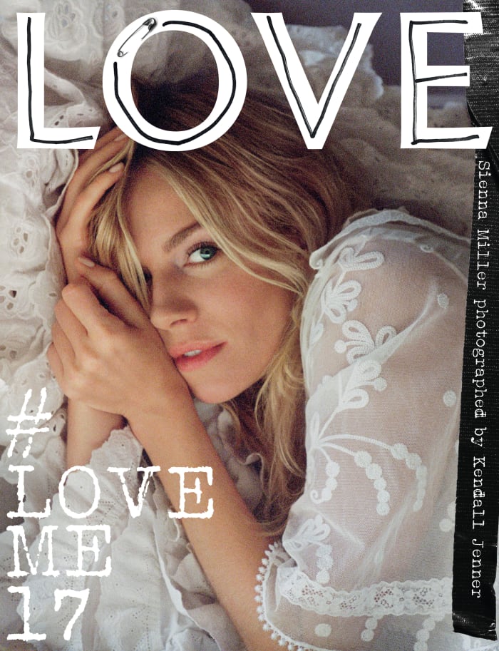 Sienna Miller wears a dress from Burberry's February 2017 collection on the cover of Love Magazine. Photo: Kendall Jenner for Love Magazine