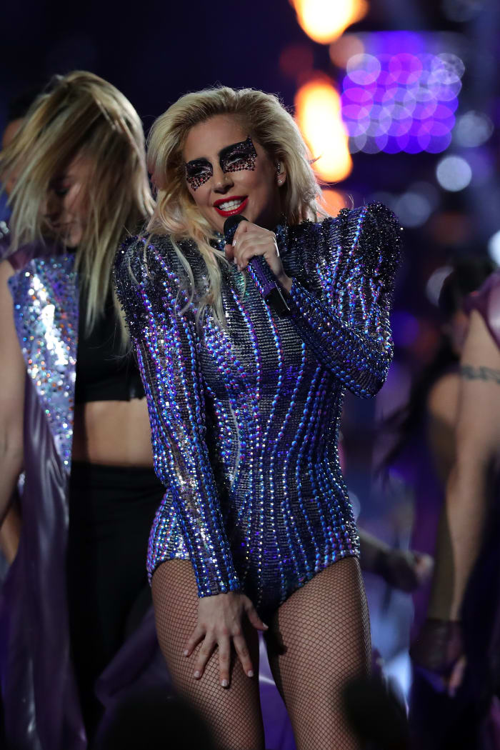Lady Gaga in Versace at the 2017 Super Bowl Halftime Show on Sunday in Houston, Texas. Photo: Tom Pennington/Getty Images