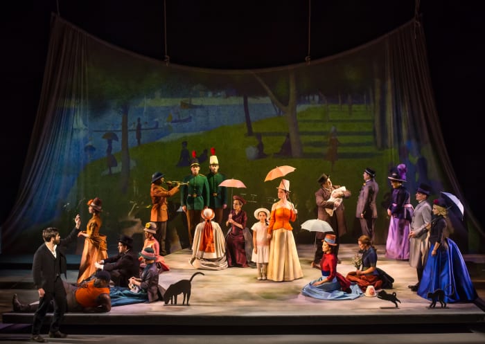 Jake Gyllenhaal (far left) and Annaleigh Ashford (far right) re-enact the famous Seurat painting in 'Sunday in the Park With George.' Photo: Matthew Murphy