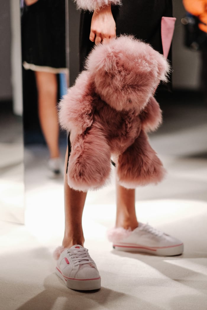 A backpack from Charlotte Simone's Fall 2017 collection, paired with shoes from the brand's upcoming Superga collaboration. Photo: Charlotte Simone