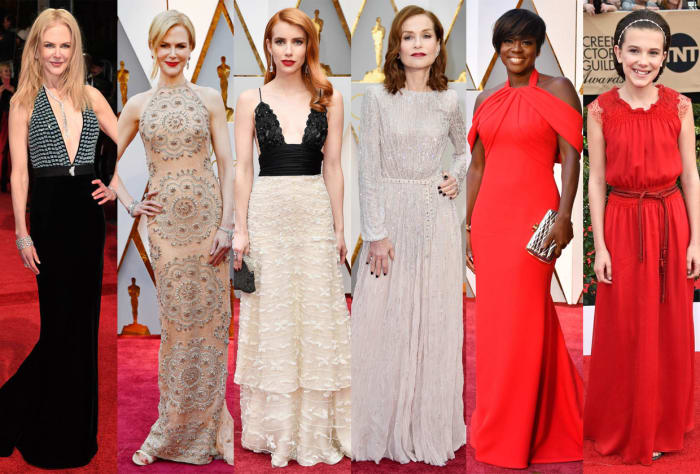 Nicole Kidman at the BAFTAs and the Oscars, Emma Roberts, Isabelle Huppert at the Oscars, Viola Davis and Millie Bobby Brown. Photos: Getty Images