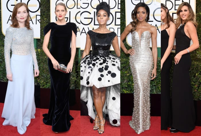 Isabelle Huppert at the Golden Globes, Teresa Palmer, Janelle Monáe, Naomie Harris and Sophia Stallone. Photos: Getty Images