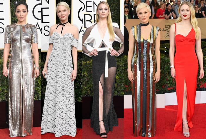 Ruth Negga, Michelle Williams at the Golden Globes, Sophie Turner at the Golden Globes, Michelle Williams at the SAG Awards and Sophie Turner at the SAG Awards. Photos: Getty Images