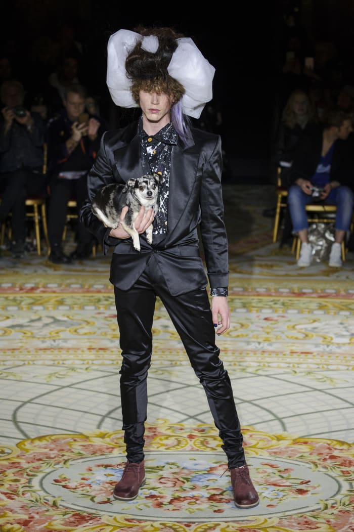 A look (and a pup) from the Andreas Kronthaler for Vivienne Westwood Fall 2017 collection. Photo: Imaxtree