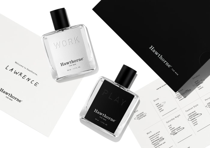 Each set comes in a sleek black box with a personalized note, completed questionnaire and two scents: Work and Play. Photo: Hawthorne