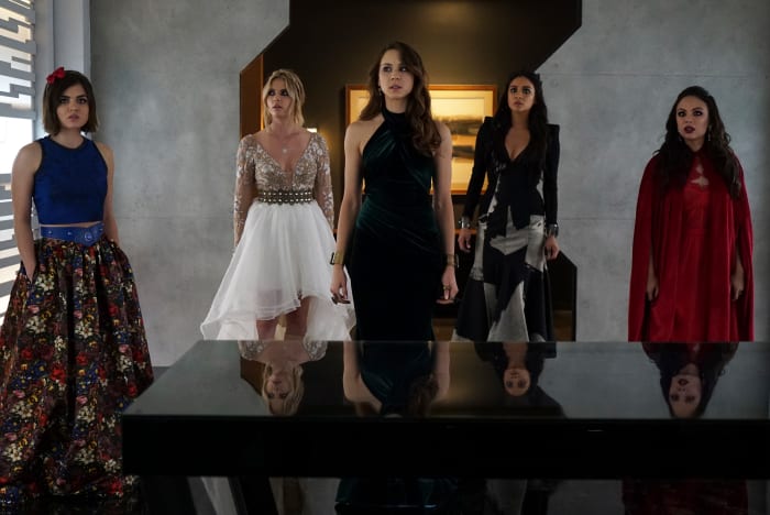 "The one where Lucy was Snow White, Ashley was Rapunzel, Spencer was Ariel, Emily was Evil Queen," says Line about the much-anticipated prom fashion moment. "It was never stated, but that's what I made them." Photo: Freeform/Eric McCandless