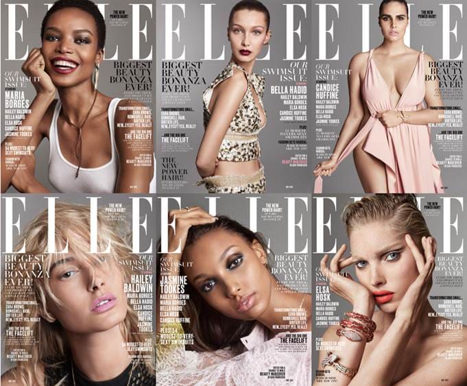 'Elle''s May 2017 covers, featuring Maria Borges, Bella Hadid, Candice Huffine, Hailey Baldwin, Jasine Tookes and Elsa Hosk. Photos: Terry Tsiolis/Elle