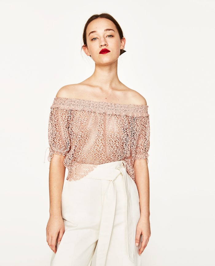Off-the-Shoulder Guipere Lace Top, $39.90, available at Zara.