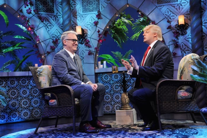 Guest Keith Olberman tries to keep a straight face and Anthony Atamanuik as Donald Trump on "The President Show." Photo: Brad Barket/Comedy Central