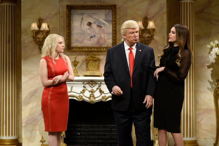 Kate McKinnon as Kellyanne Conway, Baldwin as Trump and Cecily Strong as Melania Trump on the April 8, 2017 episode of "Saturday Night Live." Photo: Will Heath/NBC