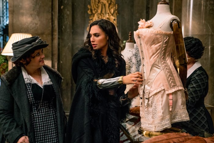 Etta Candy (Lucy Davis) takes Diana shopping at Selfridges. Diana rightfully questions the point of a corset. Photo: Clay Enos/ TM & © DC Comics