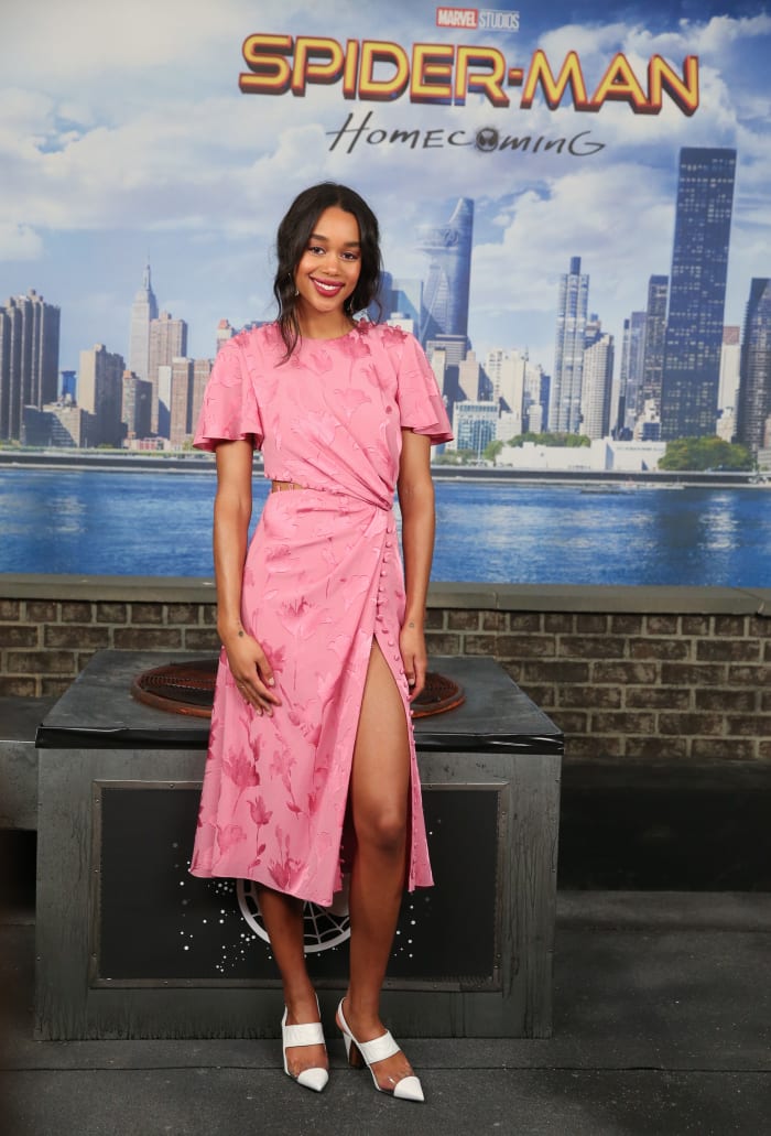 Laura Harrier in Prabal Gurung at a "Spider-Man: Homecoming" photo call. Photo: Rob Kim/Getty Images