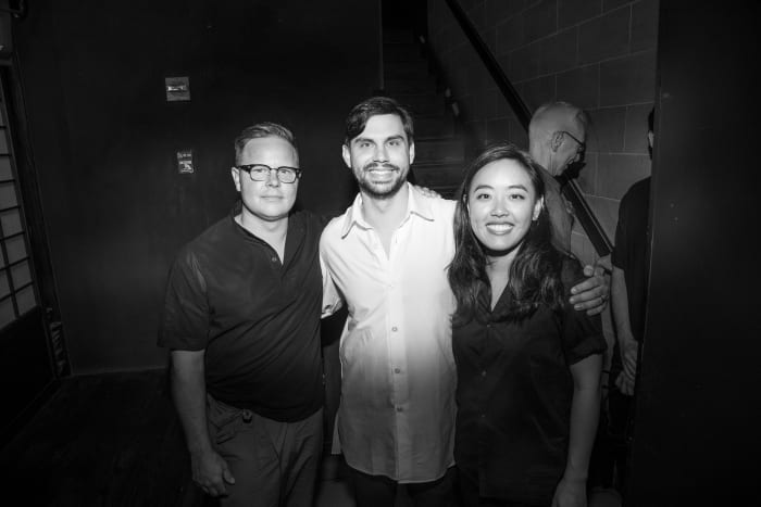 Andrea Tsao (right) with designers Matt Breen and Patrick Doss at the Deveaux Spring 2018 runway show during New York Fashion Week: Men's. Photo: Atif Ateeq