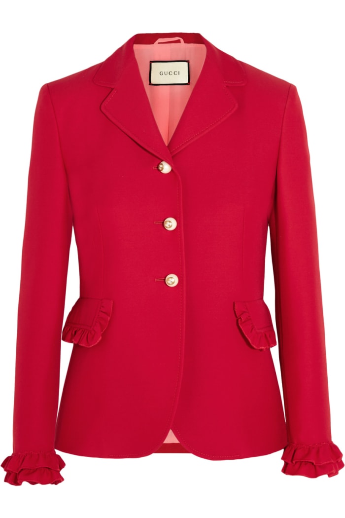 Gucci ruffled wool and silk-blend jacket, $2,200, available at Net-a-Porter.