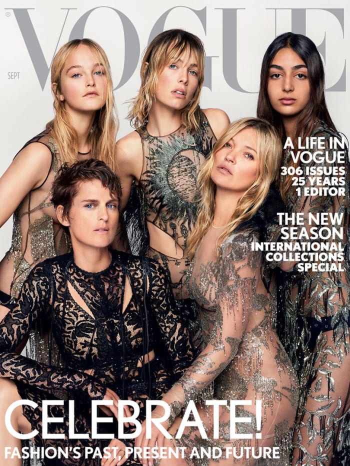 Nora Attal, Edie Campbell, Jean Campbell, Stella Tennant and Kate Moss on British "Vogue"'s September 2017 issue. Photo: Marie Testino/British "Vogue"