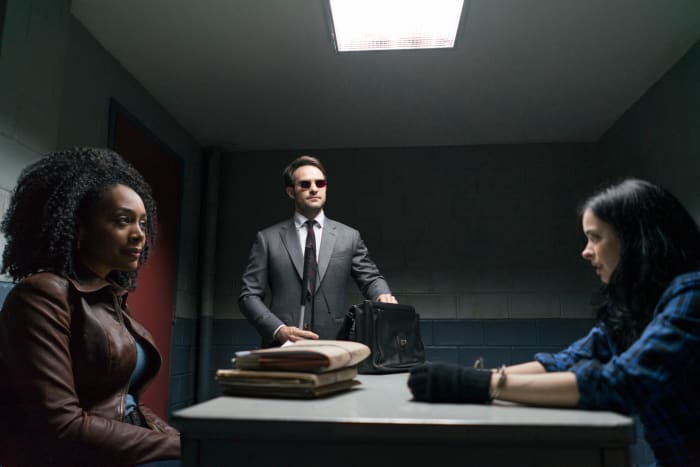 Misty (Simone Missick), Matt Murdock and Jessica Jones in Jessica Jones's world. Photo: Sarah Shatz/Netflix