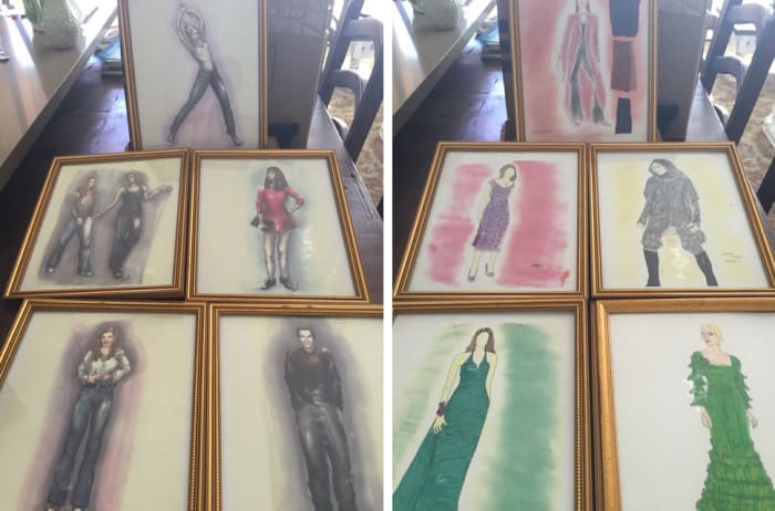 On left, clockwise from top: Buffy, Cordelia, Xander, Willow, Buffy and Willow. On right, clockwise from top: Glory, demon, Buffy at Anya and Xander's wedding, Cordelia at prom, Buffy's first day at college (remember the cherry dress?!). Sketches: courtesy Cynthia Bergstrom