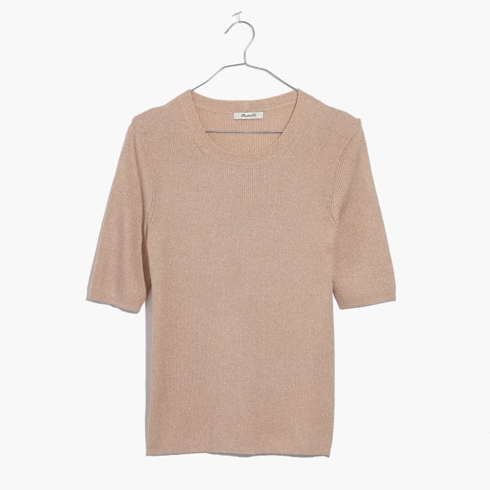 Madewell evening sparkle ribbed sweater top in "metallic blush," $34.99 (from $65), available at Madewell.